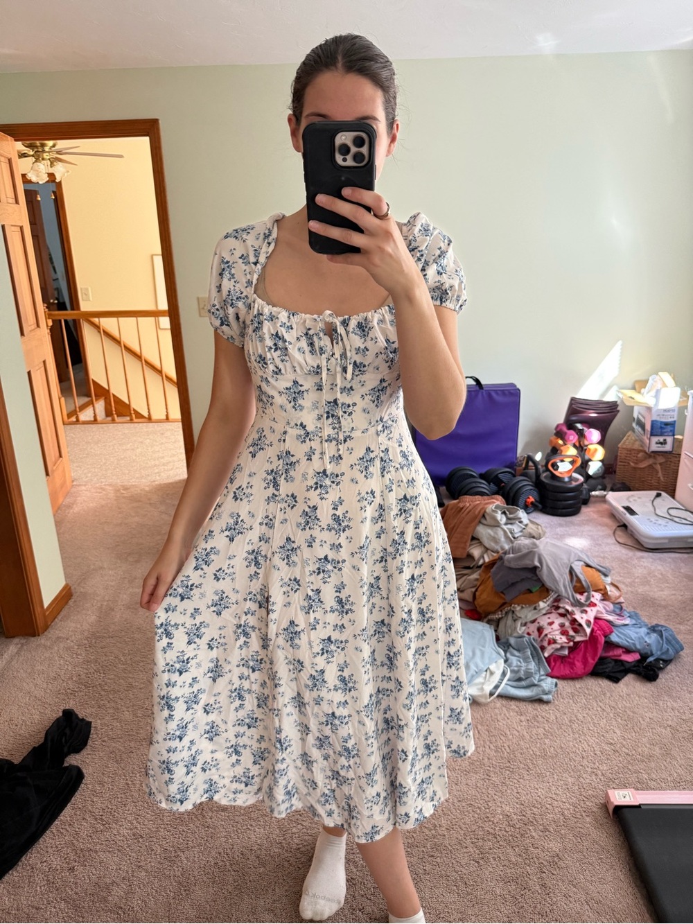 Amazon Blue and White Floral Puff-Sleeve Midi Dress
